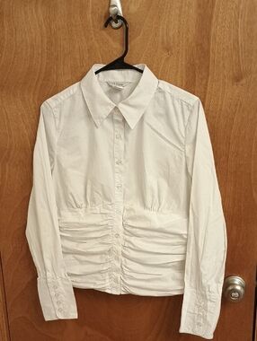 White Button-Up Ruched Waist Detail Shirt